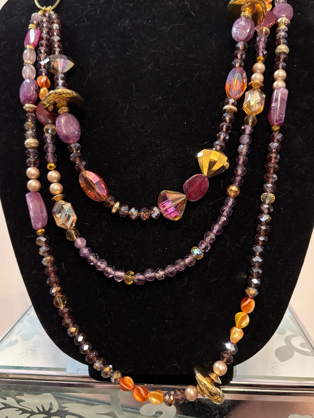 Artisan Multi-Strand Purple and Gold Beaded Necklace & Earrings Set